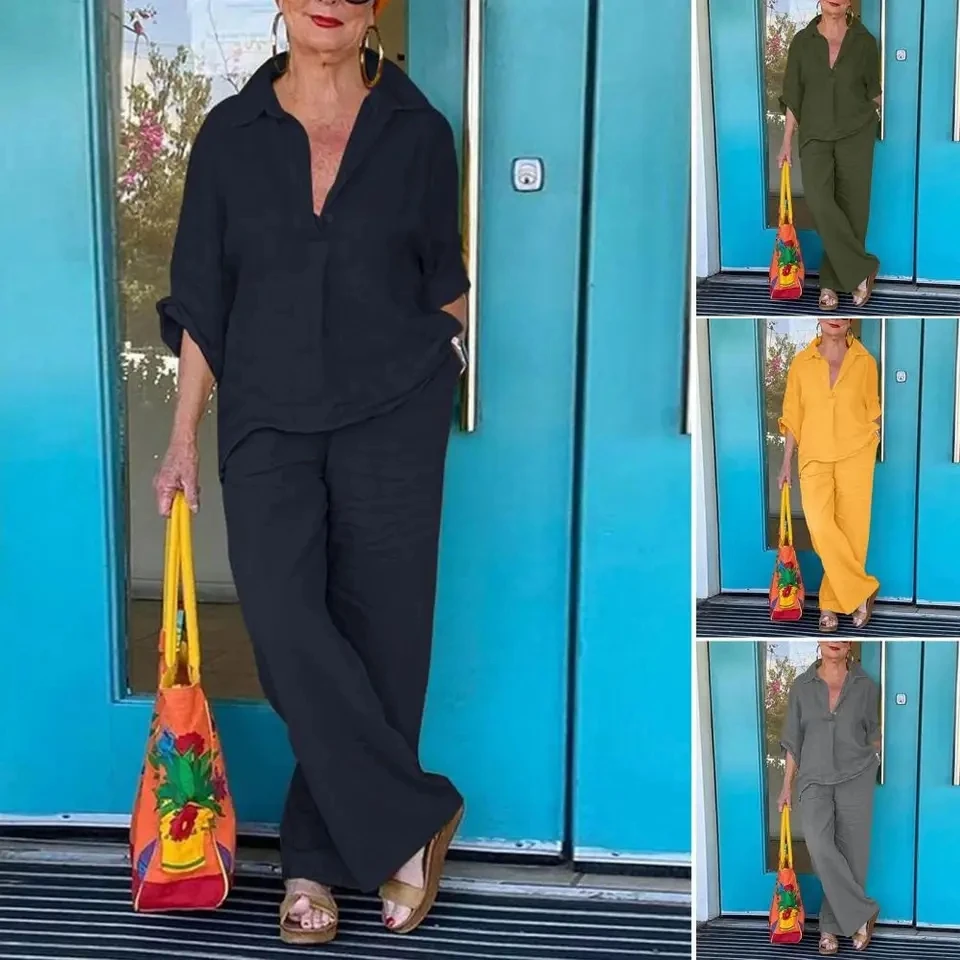 

Женский летний повседневный офисный комплект: однотонная блузка с отложным воротником и рукавом три четверти, а также брюки с высокой талией и широкими штанинами