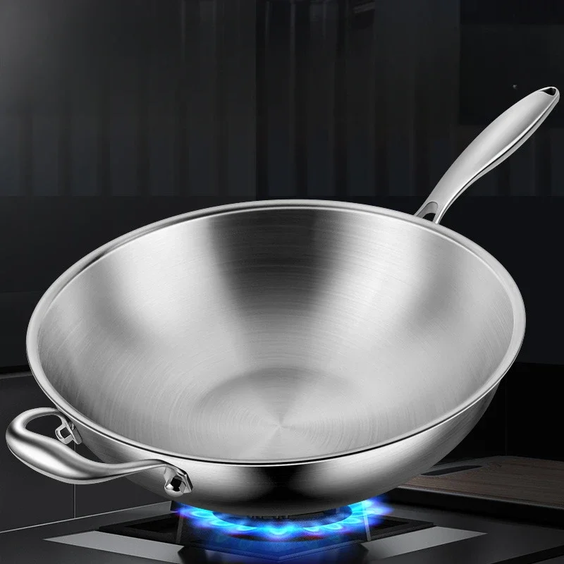 KENGQIANG 316 stainless steel frying pan Uncoated round bottomed wok Food grade gas stove induction universal cookware