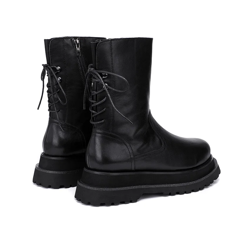 British Style Men's Back Lace-up Mid-calf Boots Cool Young Man Soft Cowhide Thick Soles Zipper Fashion Catwalk Heightened Shoes