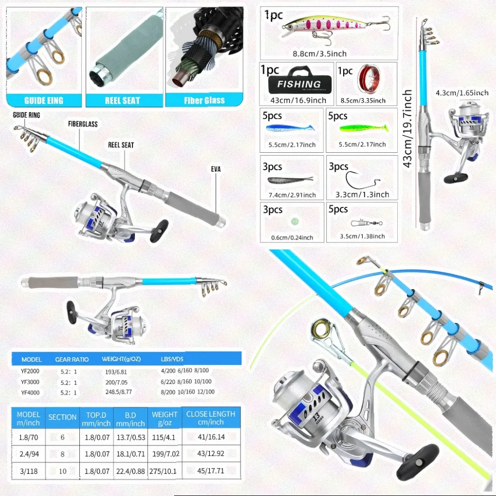 Collapsible Fishing Rod Fishing Gear Set Fiberglass Construction Collapsible Fishing Rod Kit Fishing Rod 44*16*8cm