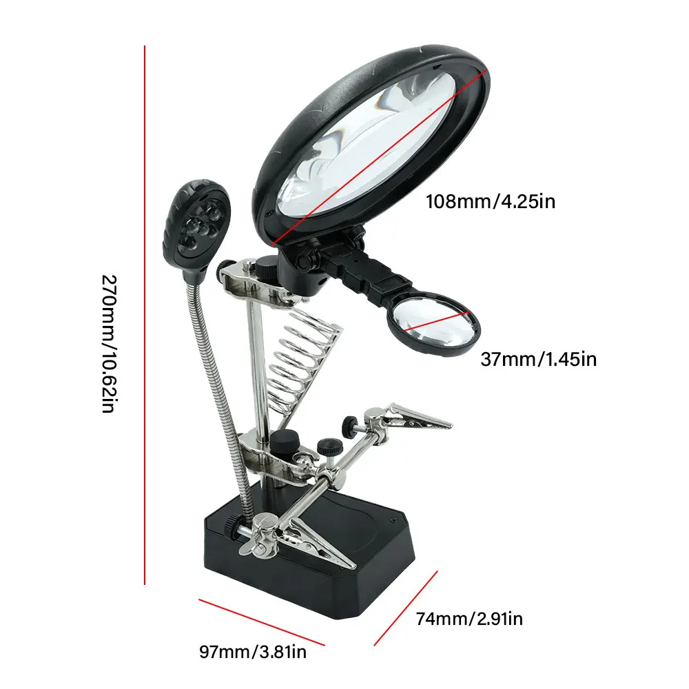 

Паяльная станция с увеличительными линзами 2.5X, 7.5X, 10X и системой LED-подсветки - Третья рука с регулируемыми зажимами типа «крокодил»