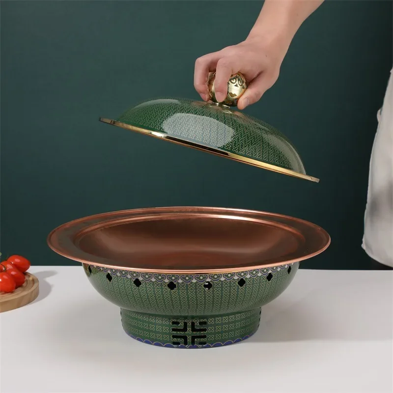 Retro dark green cloisonne split fish head pot hollow insulation furnace pure copper liner alcohol commercial seafood stew pot