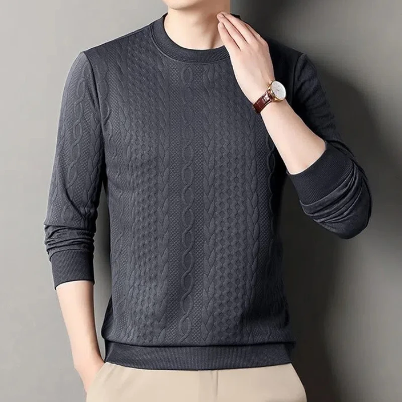 Trend Fashion Autumn Winter Sweatshirts Men Solid O-Neck Jacquard Weave Casual Long Sleeve Loose Pullovers Bottoming T-shirt Top