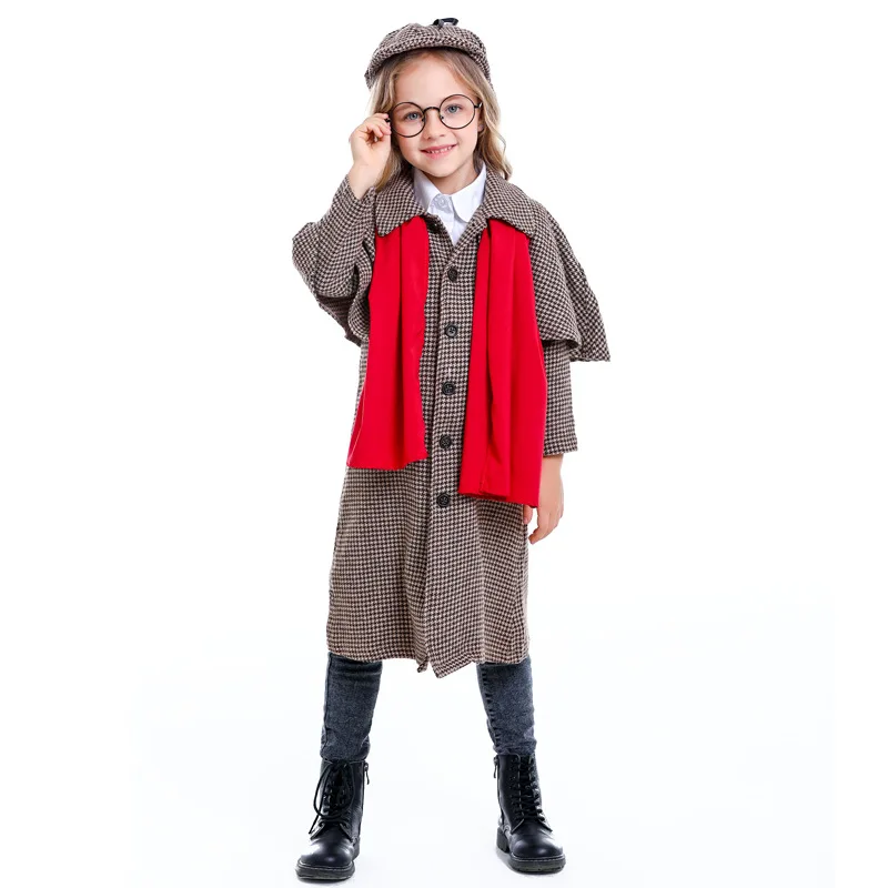 Girl Costume Carnival Halloween Cosplay Costume Detective Role Play Girl Clothes Coat+Hat+Glasses+Scarf 4Pcs Sets For Children