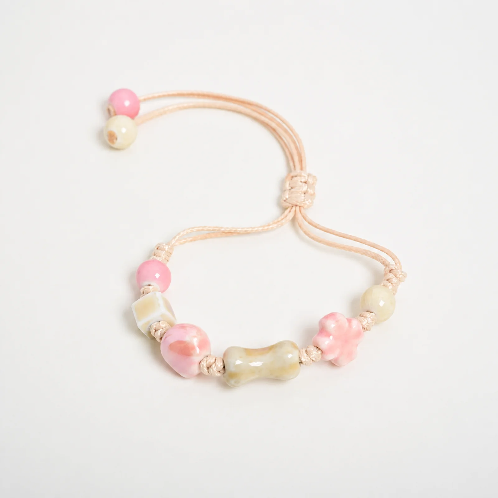 Pink Bone Claw Handmade Ceramic Beaded Bracelet with Waxed Cord Hand Braided Adjustable Wrist Jewelry 608P5-03