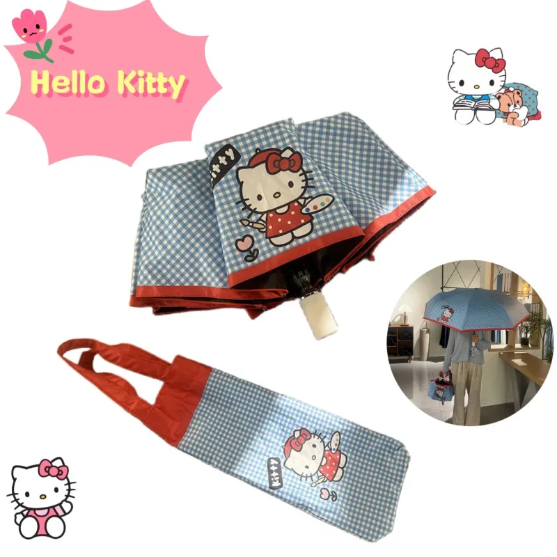 Guarda-chuva automático fofo Hello Kitty, dobrável, para chuva e brilho, borracha preta de desenho animado de anime, guarda-sol com proteção UV
