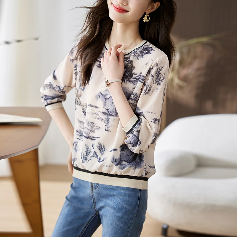 Lose Lange Sve runde Ne Gedruckt T-shirt frauen Slim Fit Casual Sle Herbst Winter Neue Ankunft Faion Top