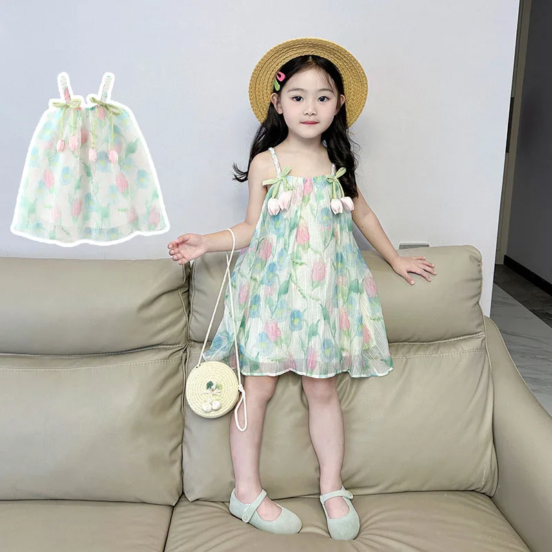 Summer Baby Girl With Two Tulips Chiffon Suspender Dress, Girl\'S Bow Princess Dress