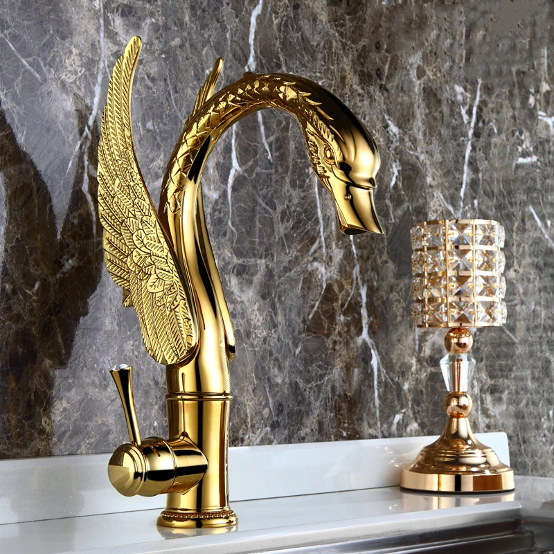 Luxury Gold Swan Faucet Solid Brass Hot and Cold Water Tap Wash Basin Single Handle  Bathroom s Waterfall