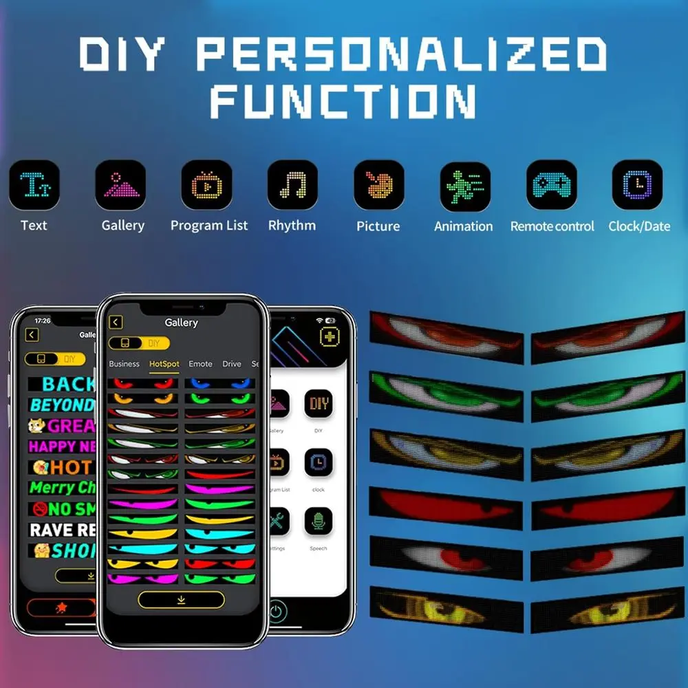 Display per parabrezza a LED programmabile 23,42 per auto, SUV e camion: luci per auto personalizzate alimentate tramite USB, controlate a distanza/app