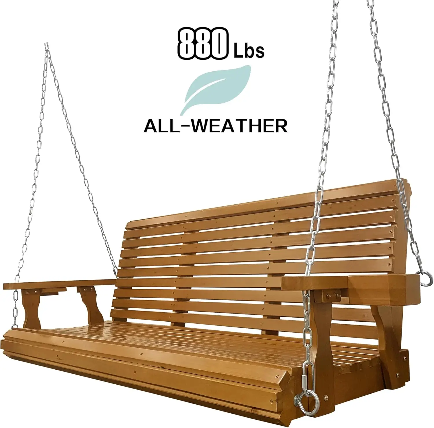 Fortune Candy Wooden Porch Swing 3-Seater, Bench Swing with Cupholders,  Heavy Duty 880 LBS, (Teak Tone, 5 FT Extra Large)