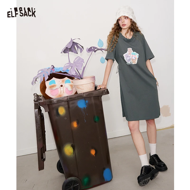 ELFSACK 2025 ฤดูร้อนมาถึงใหม่กราฟิกพิมพ์สบายๆเสื้อยืดชุดสายรัดเอวสั้นชุดผู้หญิง