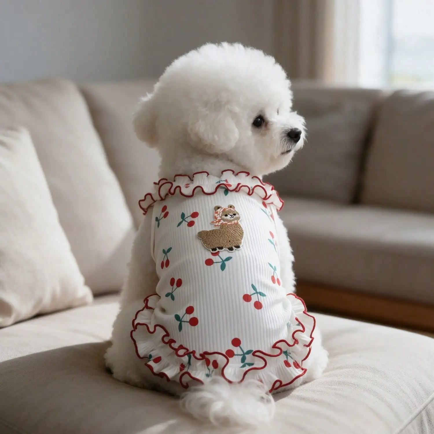 1 Stück Alpaka-Stickerei, Kirschmuster, Rüschen, ärmelloses Tanktop für kleine Hunde, ideal für den Sommer. – Detail 8