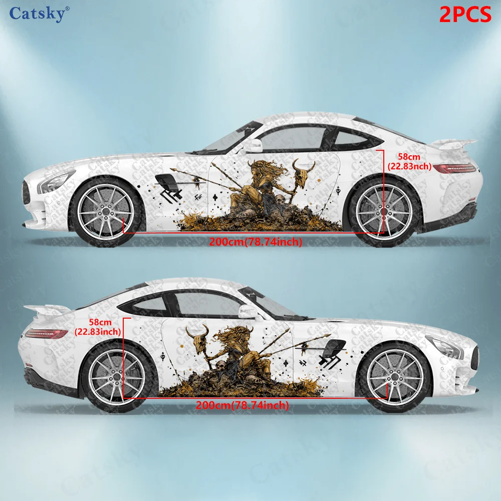 2pcs Throne Horned Skull Car Side Decals, Self-Adhesive PVC Waterproof & Scratch-Resistant Stickers, Fashionable Decals