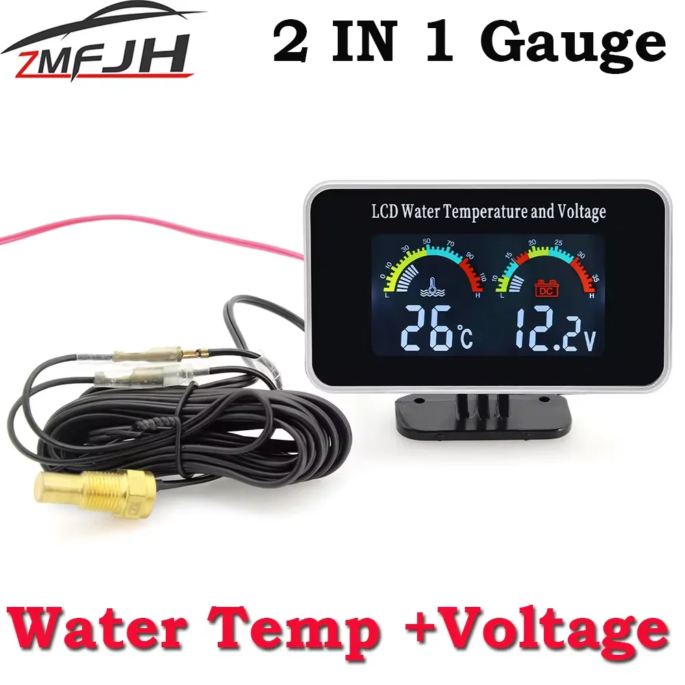 2 IN 1 Car LCD Meter Digital Voltage Water Temperature Gauge with M10 Sensor Universal Instrument 9-36V for Car Truck SUV RV