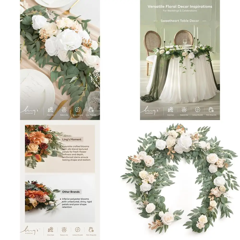 

Элегантная 6-футовая гирлянда из эвкалипта и шелковых роз для столов молодоженов или свадебных торжеств, идеально подходит для весенней и садовой тематики.