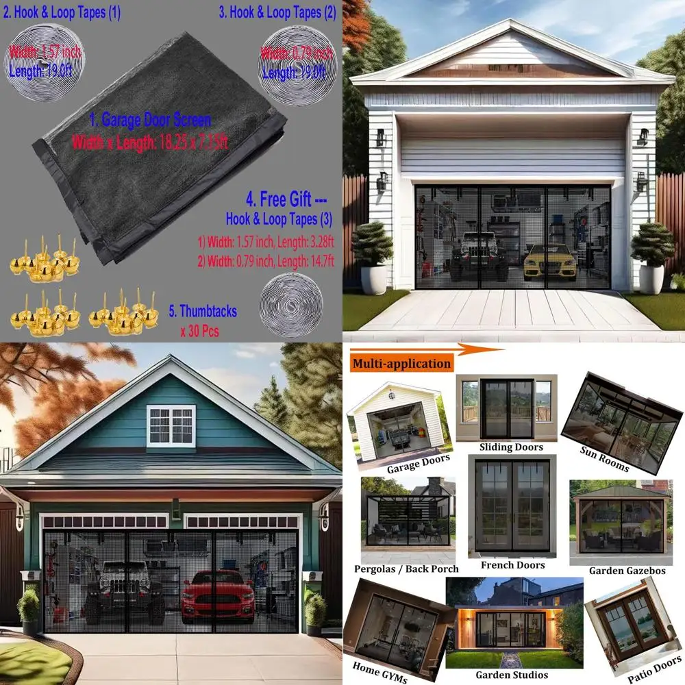 

Durable Fiberglass Screen for 18x7ft 2-Car Garage with Hook & Loop Fasteners and Powerful Magnets, Easy to Assemble, Black