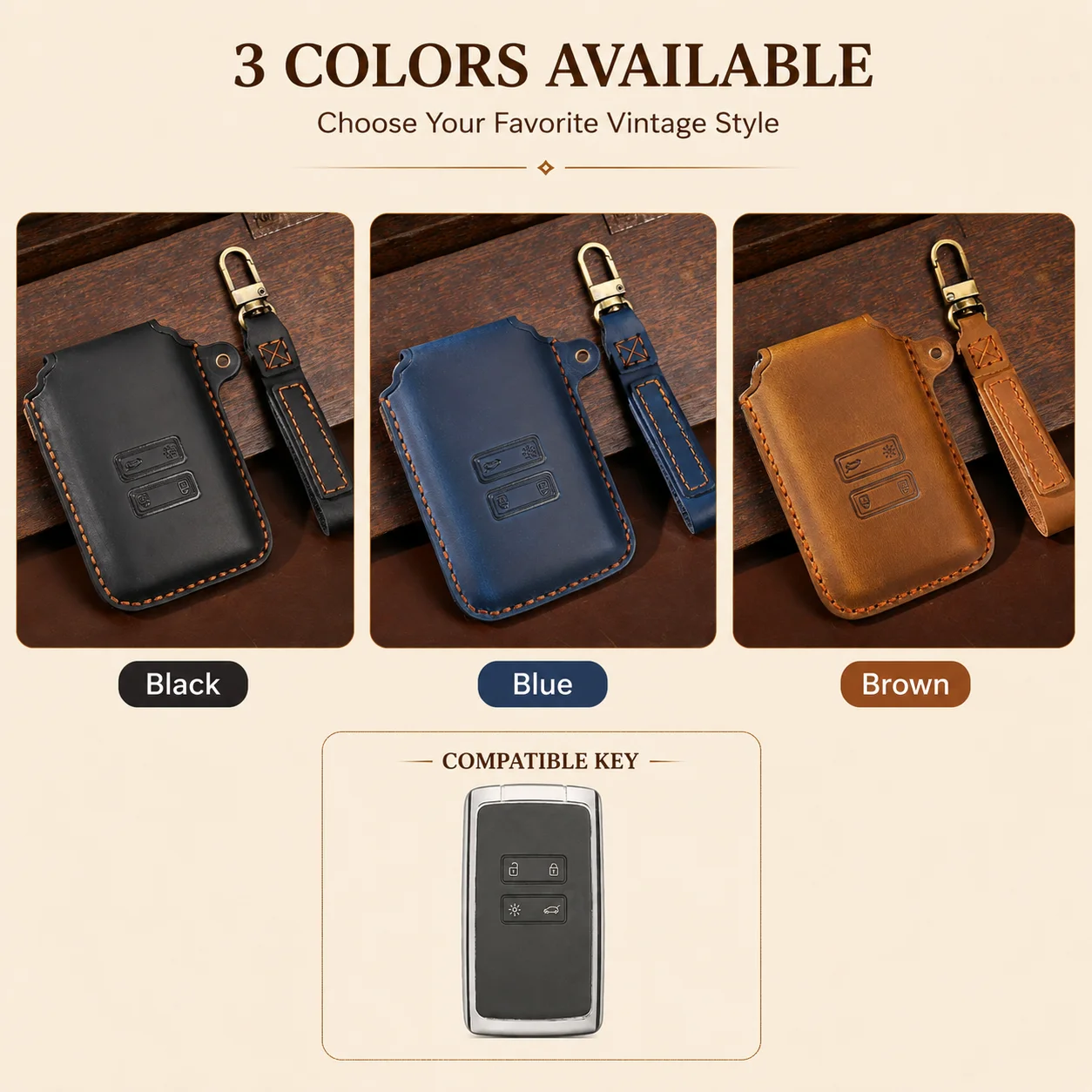 Leather Key Cover for Renault 4-Button Smart Key Handmade Vintage Key Fob Case Full Protection with Wrist Strap