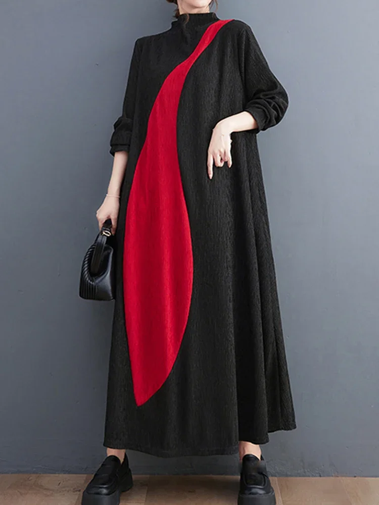 XITAO Casual Stand Collar Long Sleeve Dress Loose Fashion Irregular Contrast Color Patchwork Women Dress Autumn New DMJ2433