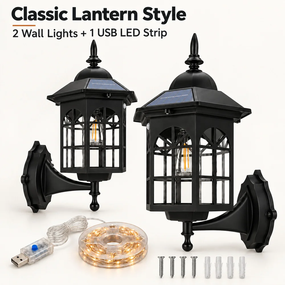 2 Pack Outdoor Solar Wall Lantern Lights With 1 USB LED Light Strip Decorative Wall Sconces Set For Front Porch Entryway Patio And Garden