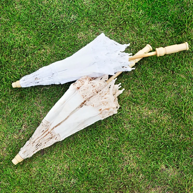 White Lace Umbrella Wedding Bride Restonic White Wooden Handle Creative Craft White Beige Parasol Sun Umbrella Photography Props