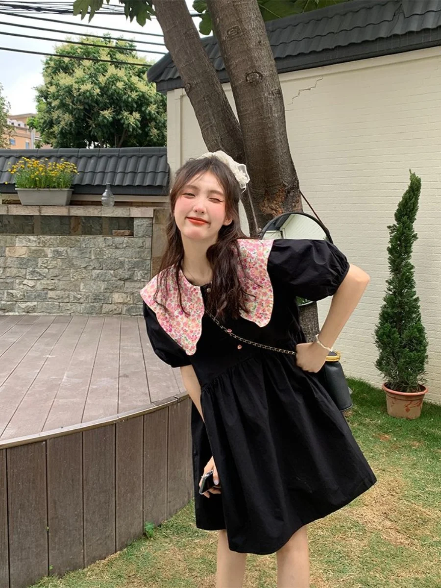 

plus Size Doll Collar Midi Dress Women's Summer Loose Slimming Design A-Line Skirt Korean Style Short Sleeve Casual Dress