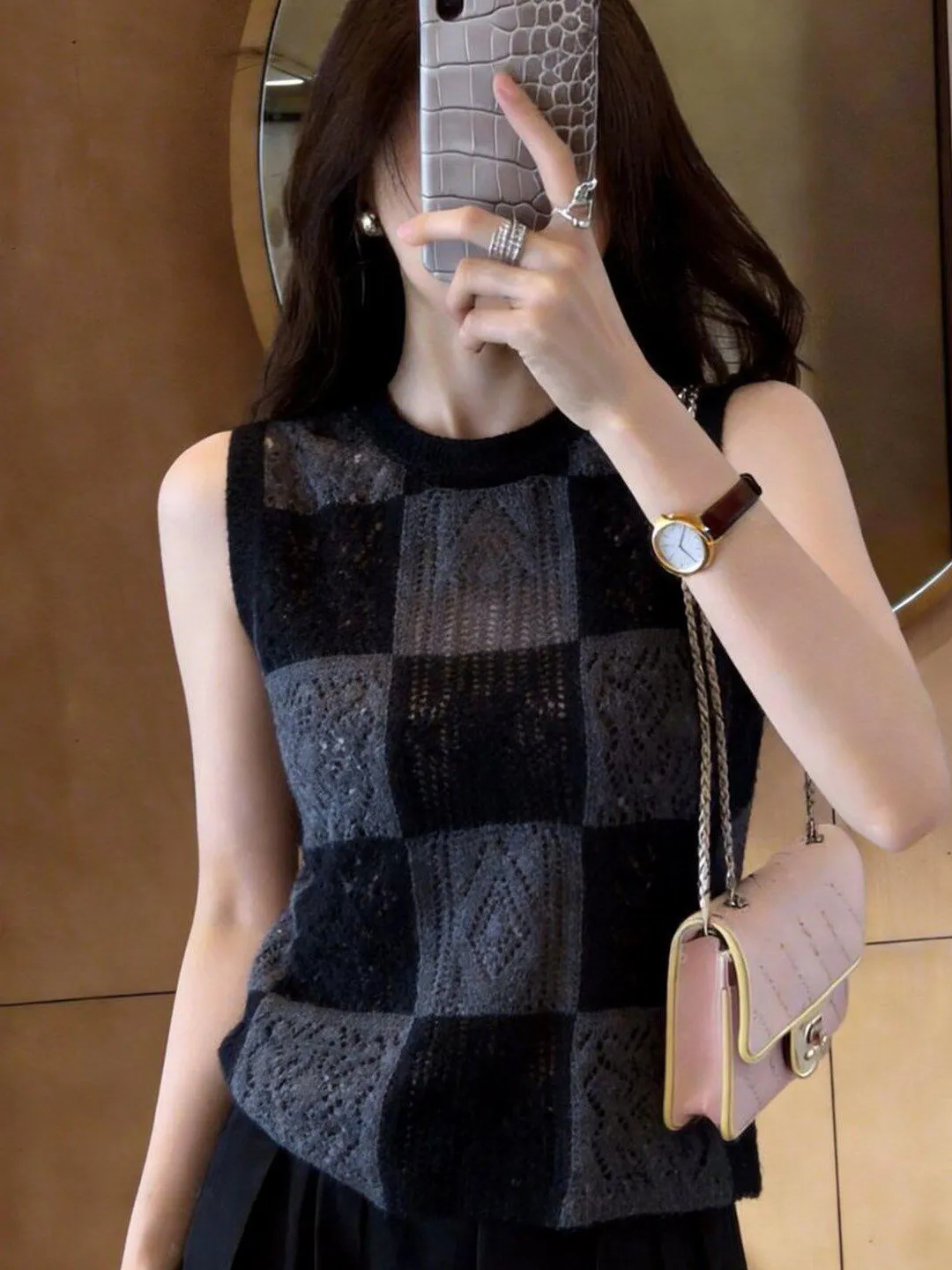 Summer Fashion Retro Sleeveless Ultra Slim round Neck Hollow out Checkered Women's Vest Outerwear Short H-Shape Backless