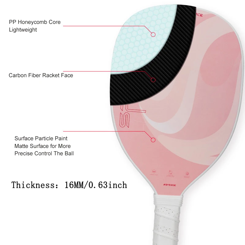 Raqueta de entrenamiento de paleta de Pickleball de fibra de carbono, núcleo de panal PP integrado prensado en caliente, mango largo ligero de 16MM