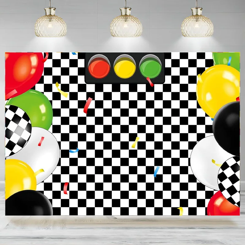 Glawry Black White Checkered Backdrop Racing Car Grid Chess Board Balloon Banner Birthday  Decorations Photography Background