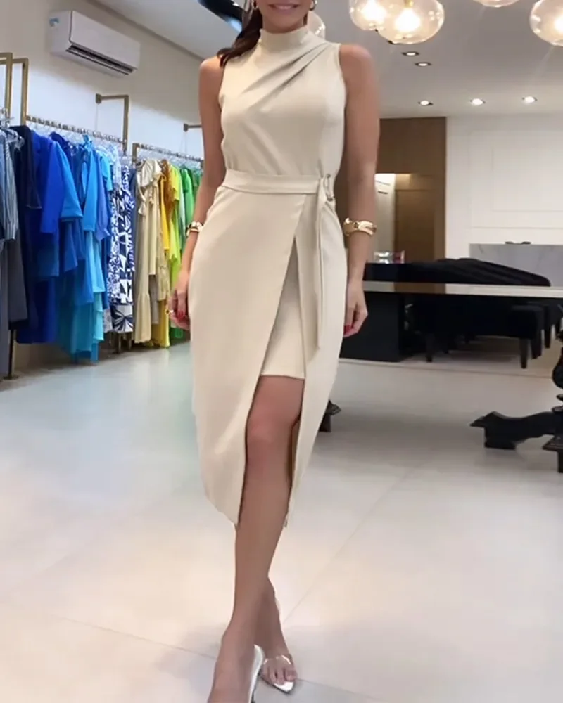 Summer New Female Fashion Pullover Hip Wrap Dresses Ruched Sleeveless Slit Fake Midi Split Dress