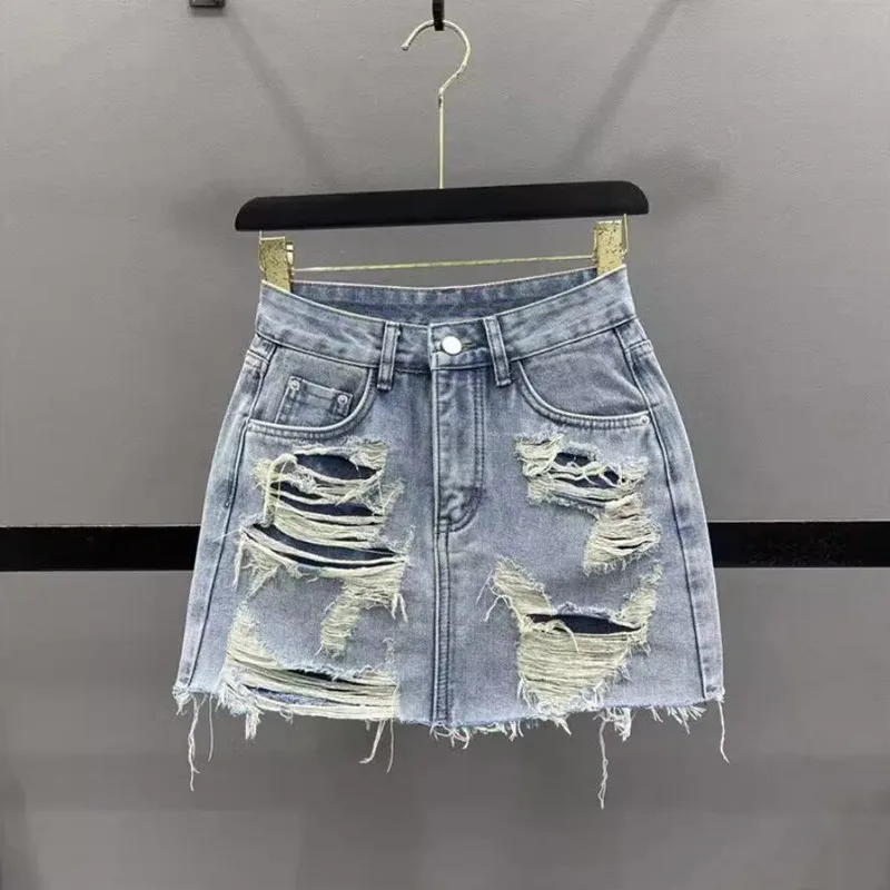 Personality Ripped Hole Blue Mini Denim Skirt Women Summer Streetwear High Waist Slim Wrap Hip A-Line Skirt s572