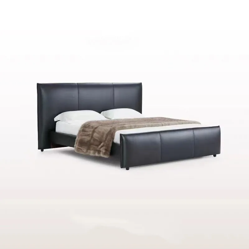

Light luxury big black cowhide art bed minimalist design double bed master bedroom marriage bed