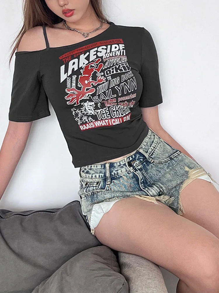 Gothic Tee Y2k Letter Print Off Shoulder Punk T-shirts Women