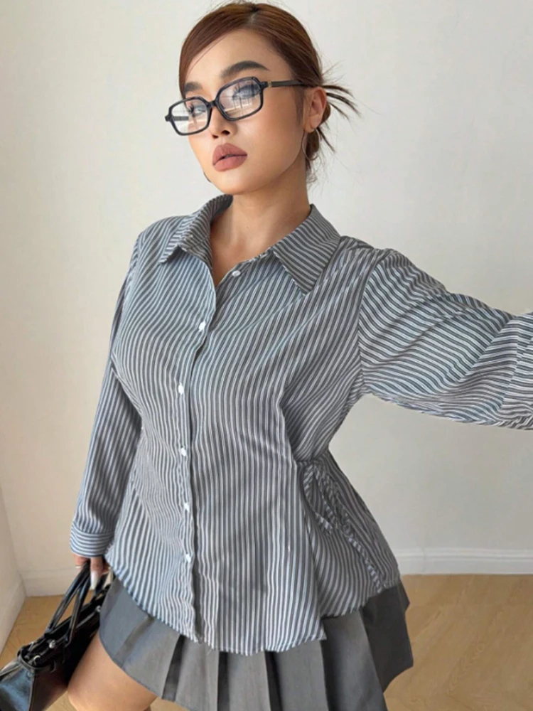 

Женская полосатая минималистичная рубашка больших размеров, осень 2024, новое поступление, однобортная рубашка с длинными рукавами, повседневная и офисная одежда