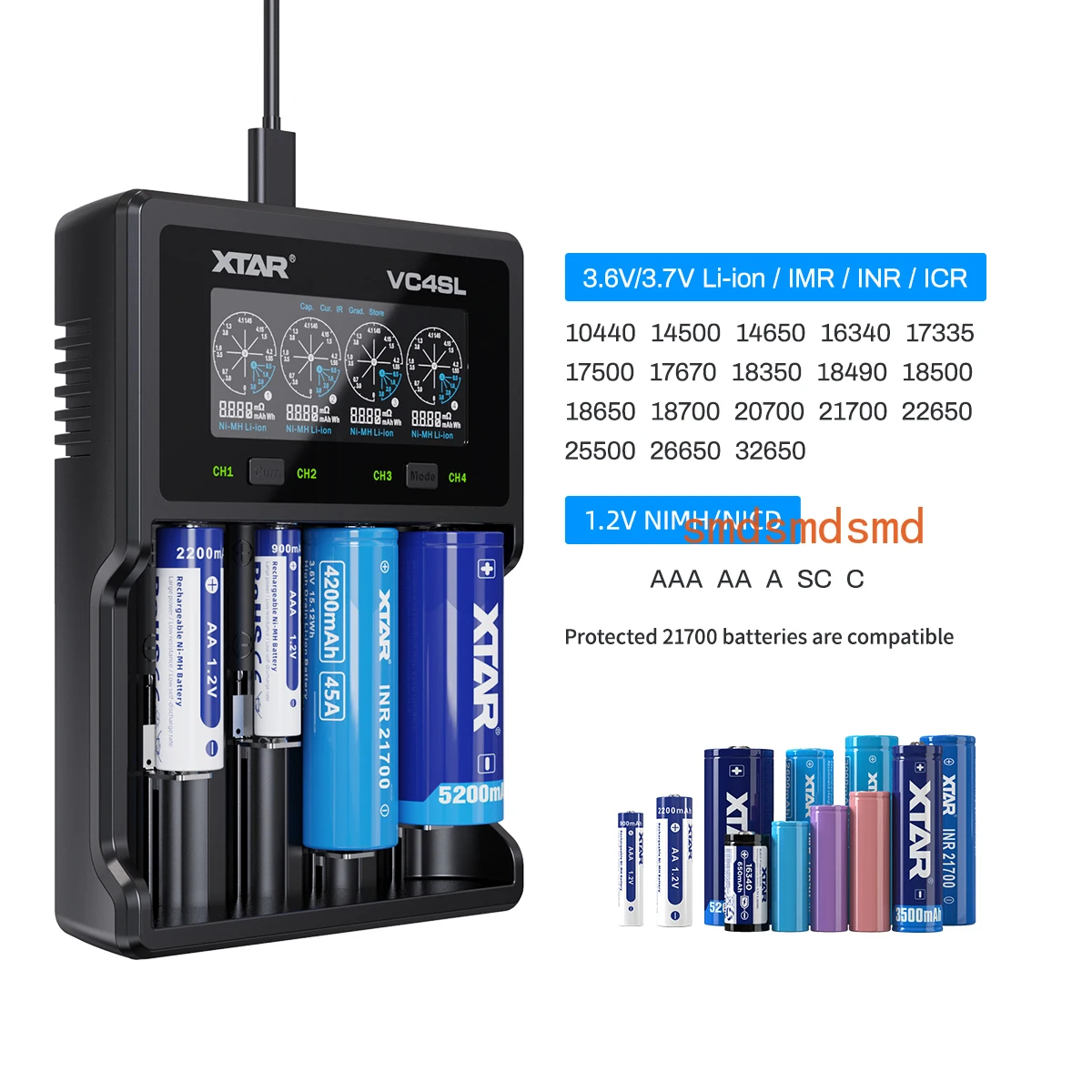 Smart USB C 18650 Battey Charger QC3.0 Fast Charge Rechargeable LI-ion Battery 18700 20700 26650 21700 AAA AA Charger VC4SL