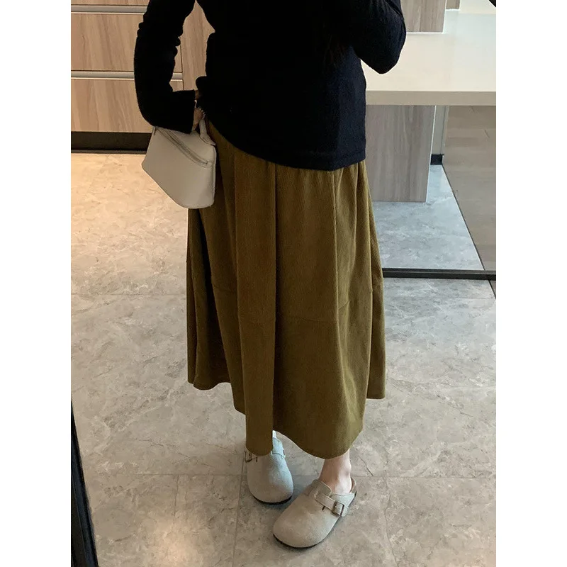 Versatile Spring Autumn Corduroy Midi Skirt Maternity Slimming Umbrella Skirt Retro A-Line  Skirt Casual Style Maxi Skirt