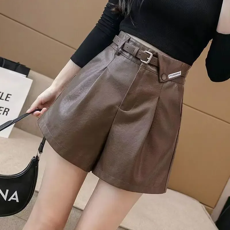 

Women's Clothing Fashion All-match Pockets Patchwork Leather Shorts Winter Trend Korean New Solid Color High Waist Pants Z199