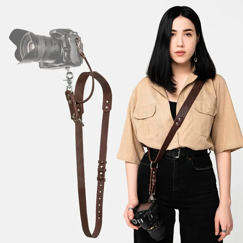 Genuine Cowhide Leather Camera Strap Adjustable Antique Brown DSLR/Mirrorless/Point Shoot Camera Strap with Quick-Release Buckle