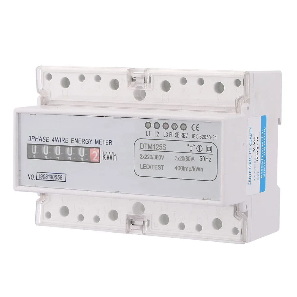 220/380V Electric Power Meter 20‑80A Energy Consumption Digital Electric Power Meter 3 Phase KWh Meter Rail Type Installation