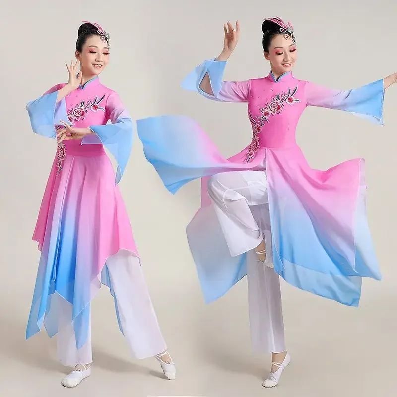 Klasyczne stroje ludowe do tańca, przebrania wróżek, damskie kostiumy do tańca Yangko, wachlarze, parasole, kostiumy do tańca Hanfu, starożytne stroje sceniczne do Yangko