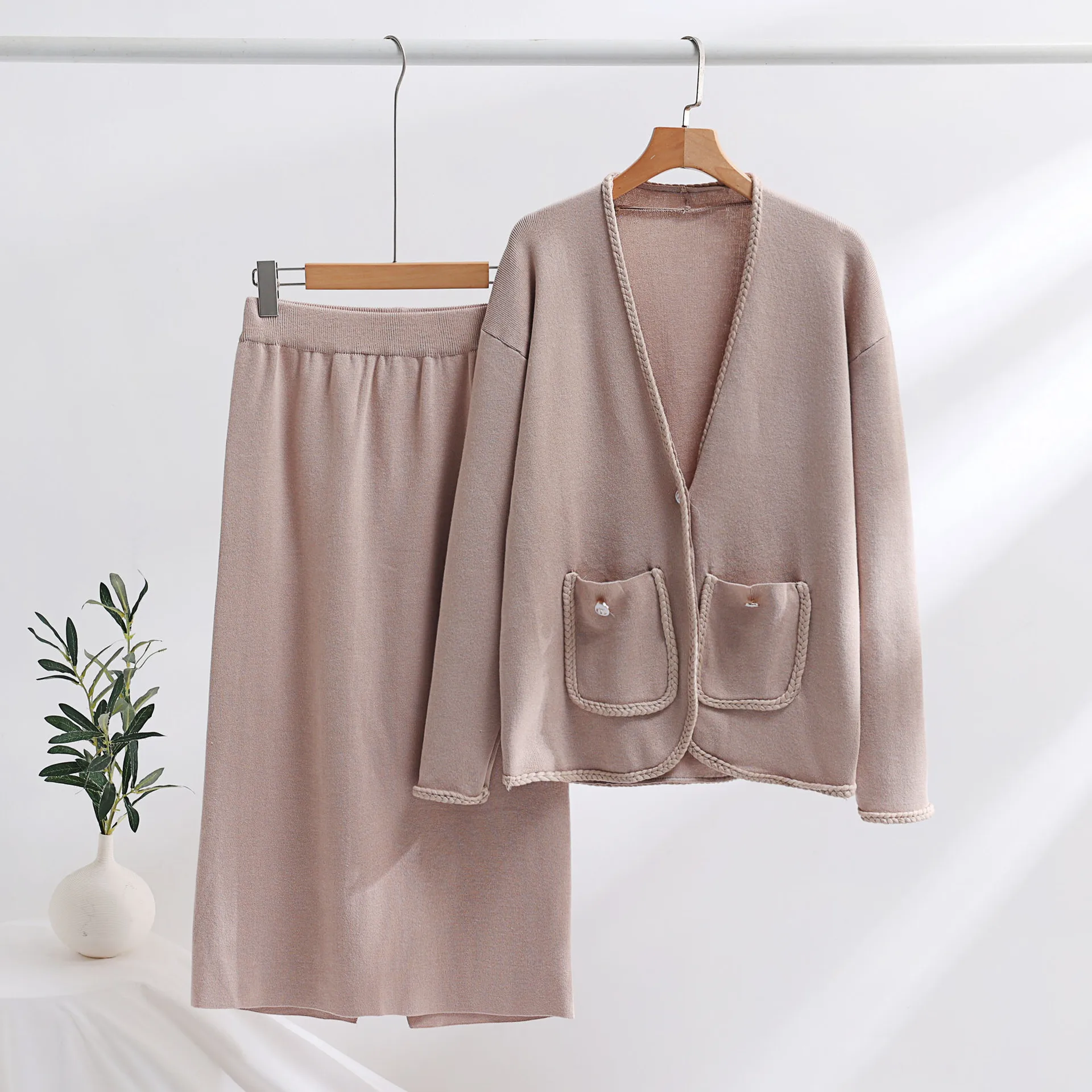 Spring Autumn Knitted Home Suits Women Long Sleeve  Sweater and Skirt Sets Outwear Loose Lace Up Cardigan Elegant Outfits Sets