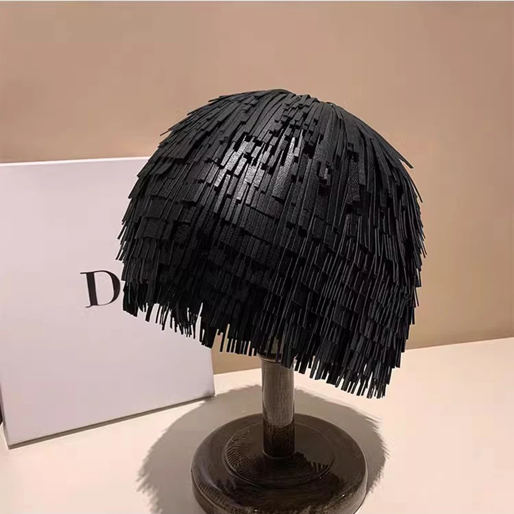 

Cool Punk Black PU Tassel Headdress Wig Hat Street Style Party Accessory for Dancing