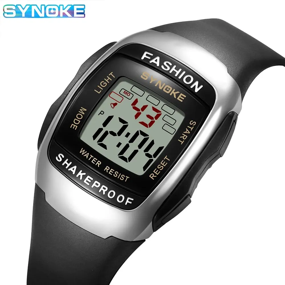 SYNOKE Men Rectangular Sports Electronic Watch Waterproof 50M Night Light Large Screen Alarm Clock Trend Retro Style