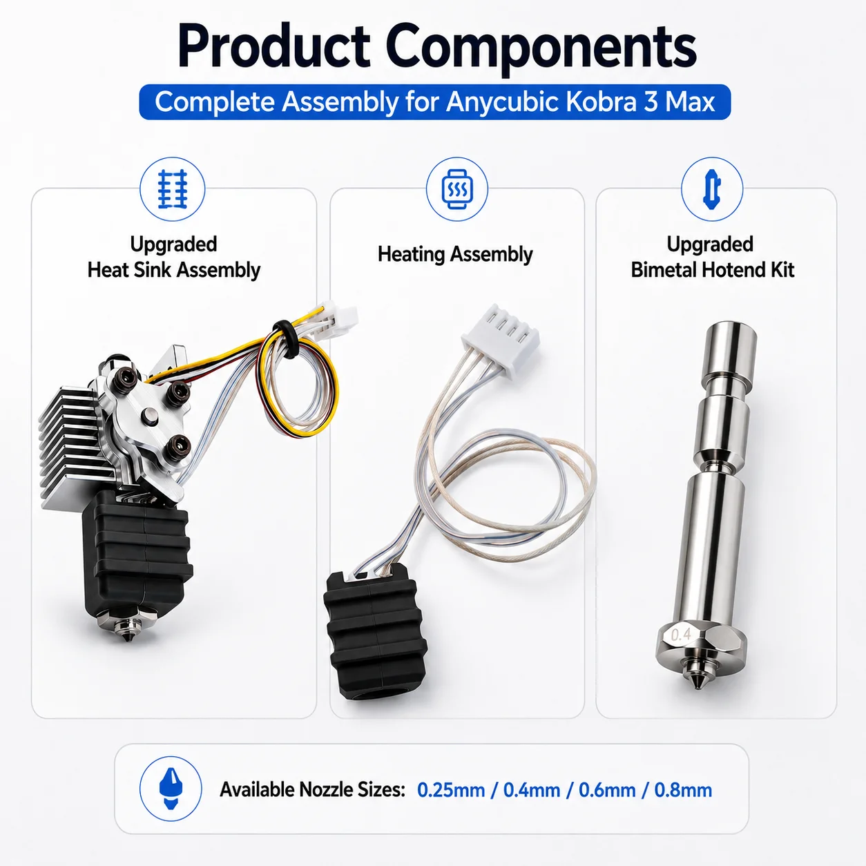 Verbessertes Bimetall-Hotend-Kit mit Kühlkörper, kompatibel mit Anycubic Kobra 3 Max, Düse aus gehärtetem Stahl 0,25-0,8 mm – Detail 6