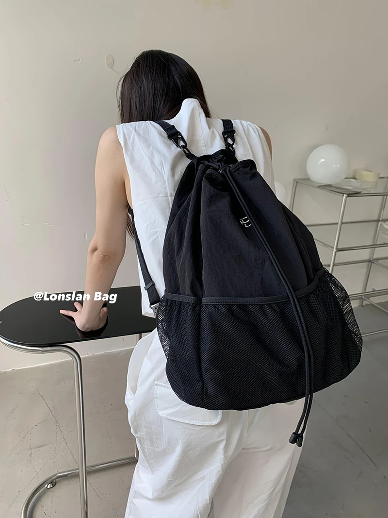 Coole Mädchen Stil Nylon Frauen Rucksack einfarbig Kordel zug Reise Pendler Rucksack Nische Design Y2k Schulter Frauen tasche