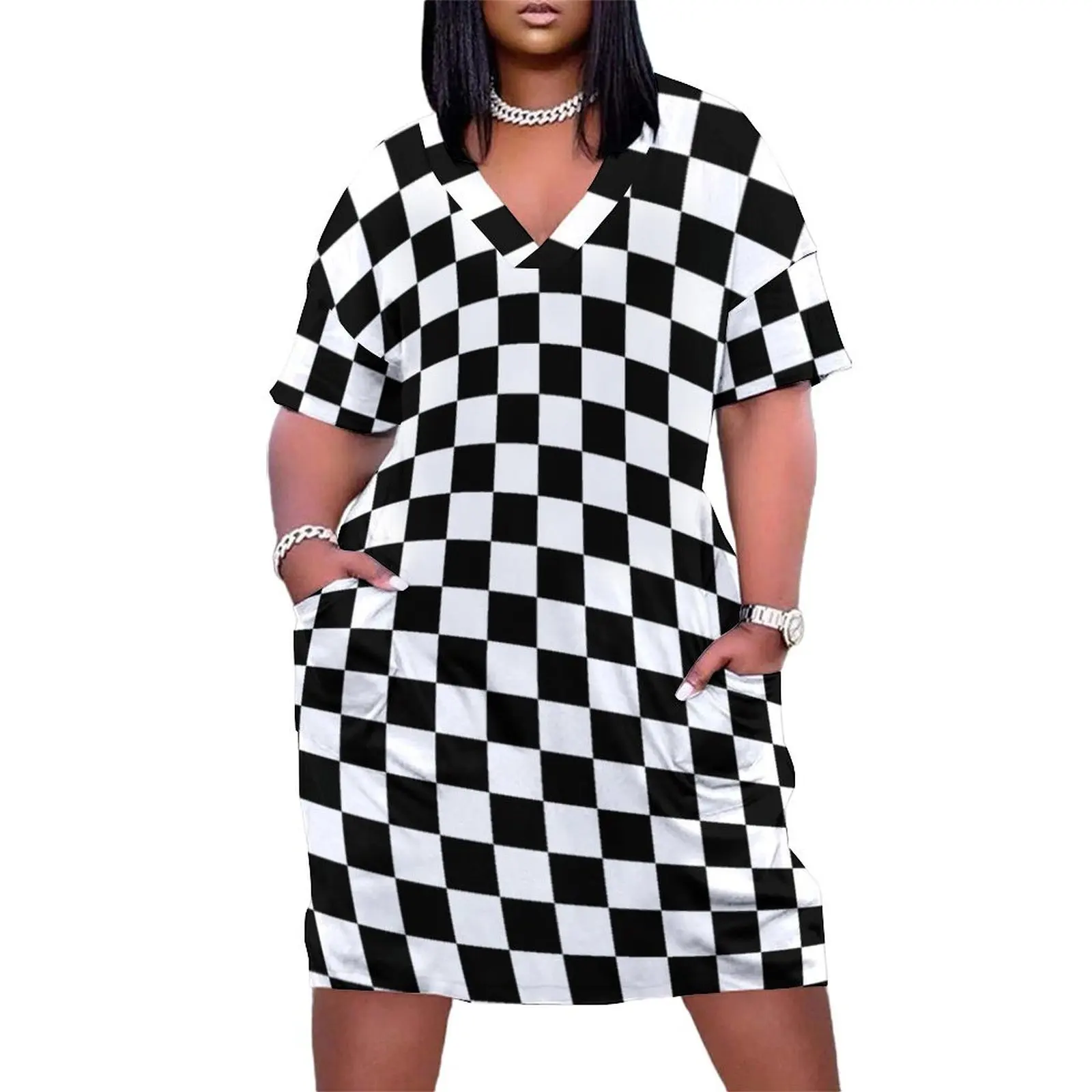 Black Checkerboard Loose Pocket Dress women long dresses Casual dresses elegant party dresses for women 2025 Female dress