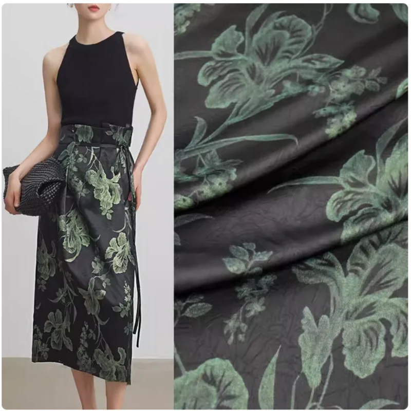 

Elegant Black Bottom Green Big Flower Print Polyester Fibre Fabric, Dress, Pants, Han Cloth, Sewing Tissue, T2210, High Grade
