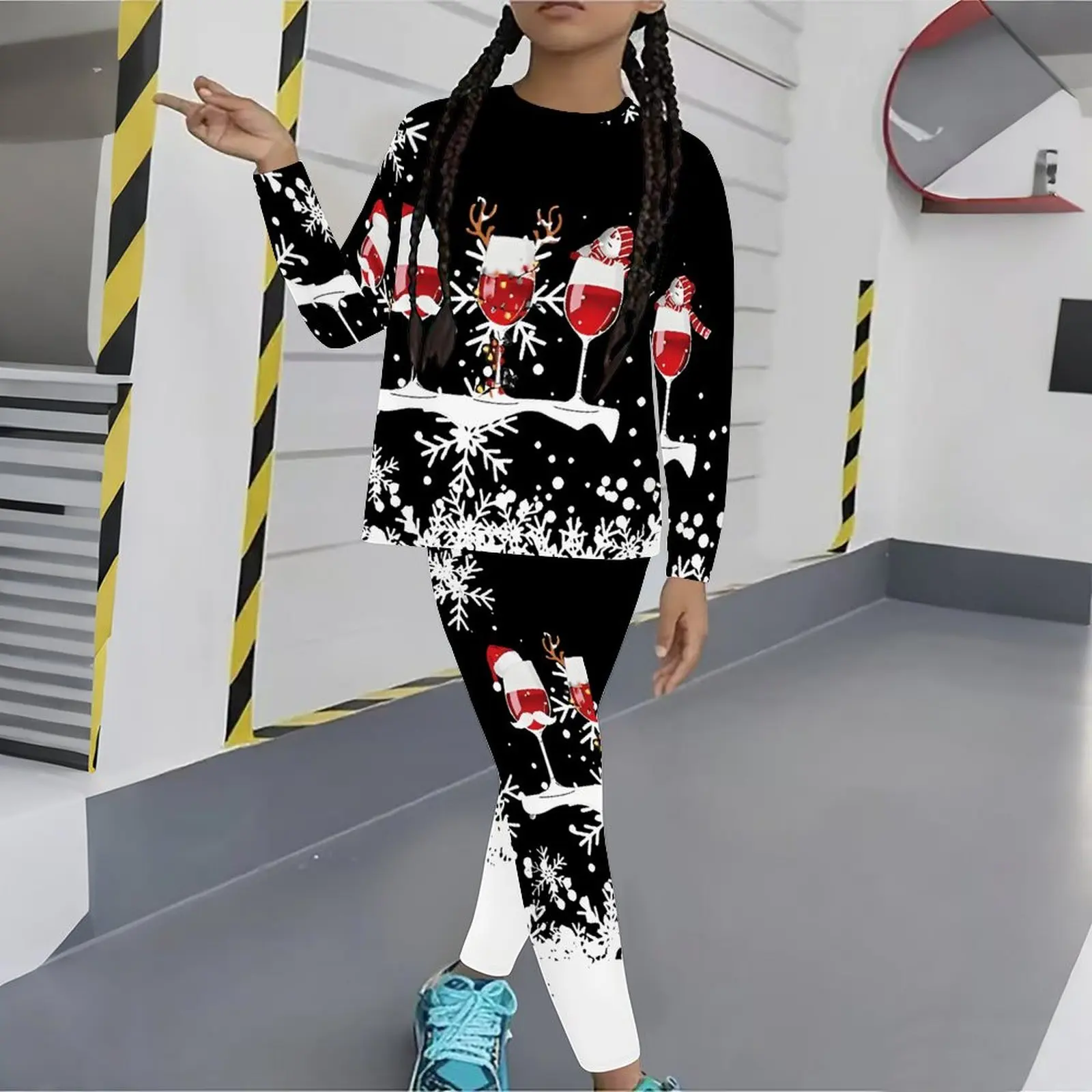 Winter Christmas Jogging Pants Girls Print Long Sleeve Round Neck Top Cute Two-Piece Daily Casual T-shirt Autumn Leggings