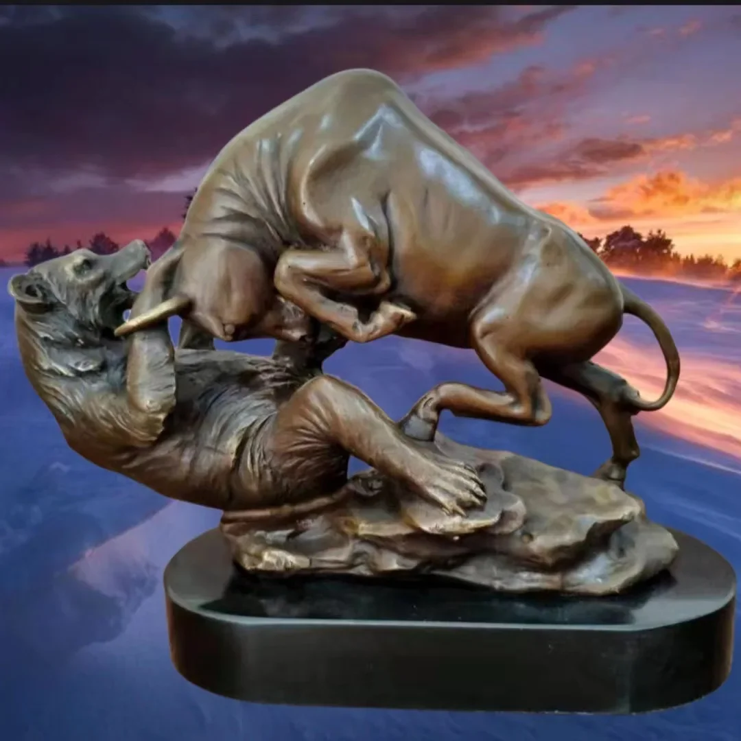 Creative Wall Street Charging Bull and Bear Fighting Statue Bronze Sculpture Stock Market Animal Figurine Art Decor for Office D