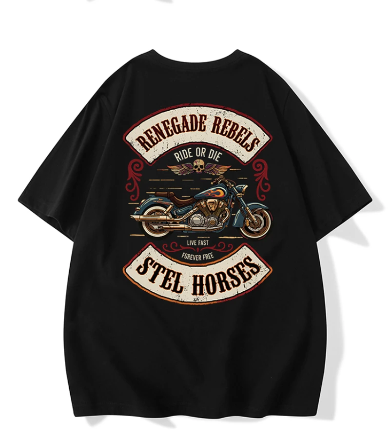 فاسق الأمريكية الشارع الشهير العلامة التجارية دراجة نارية الجمجمة قصيرة الأكمام تي شيرت طباعة الرجال والنساء الصيف والخريف والشتاء بلايز